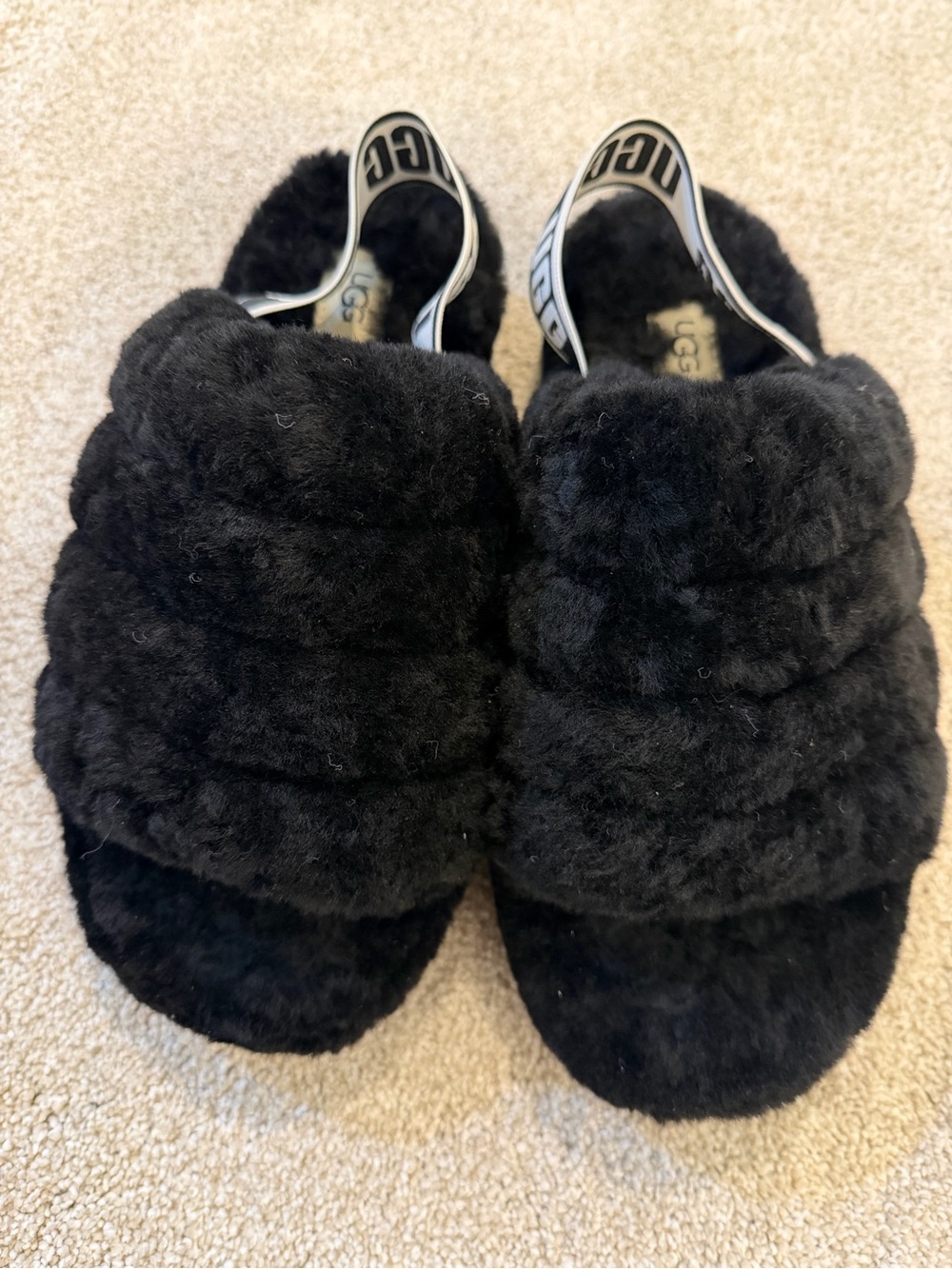 UGG Black Cozy Fluff Slide Sandals with Logo Heel Strap
